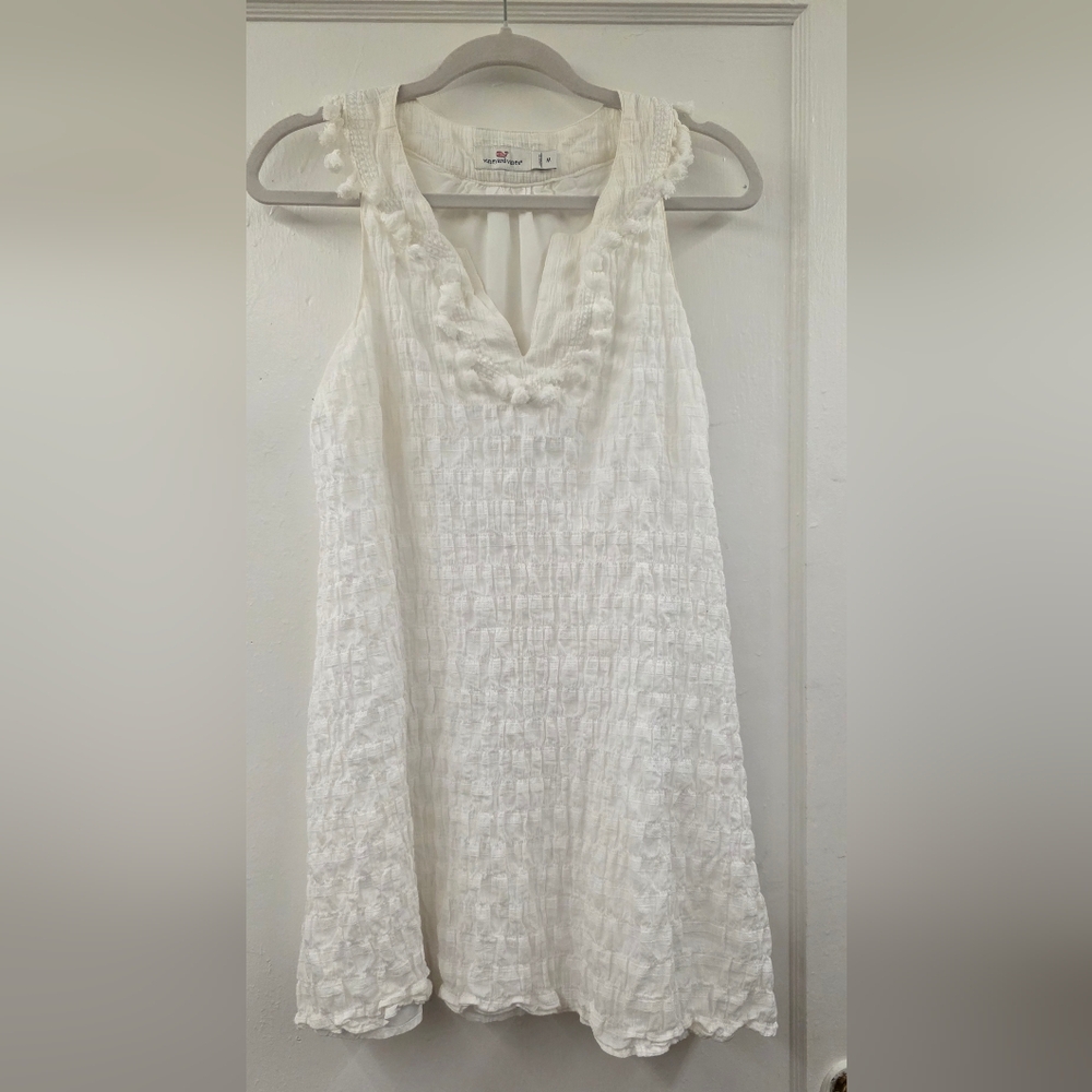 Vineyard Vines Medium White Textured Gauze Pom Pom Tunic Dress Lined Coastal - Picture 1 of 9